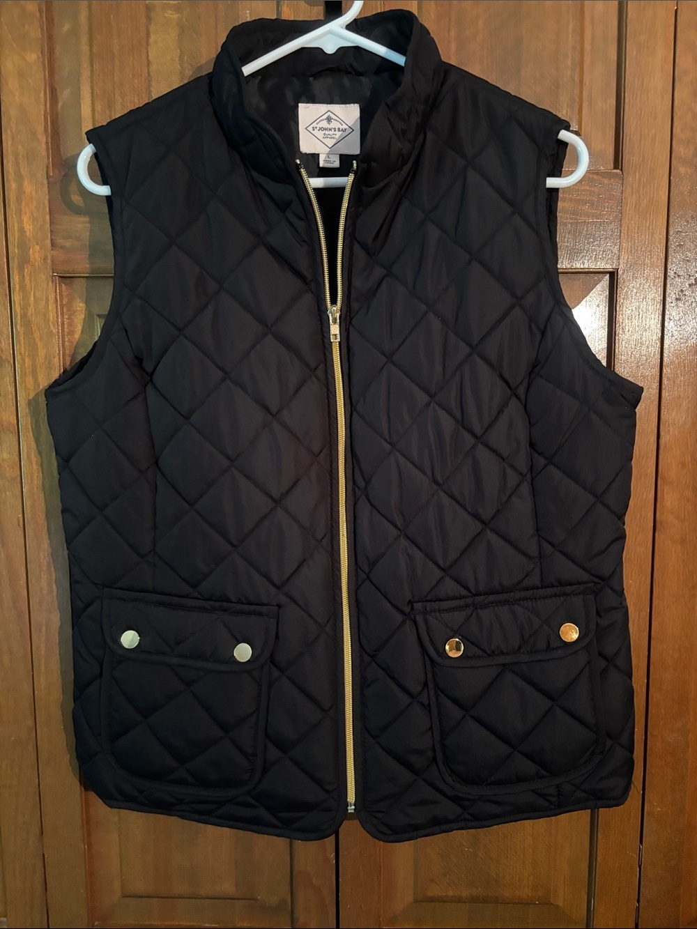 St. John's Bay Black Quilted Puffer Vest with Gold Trim